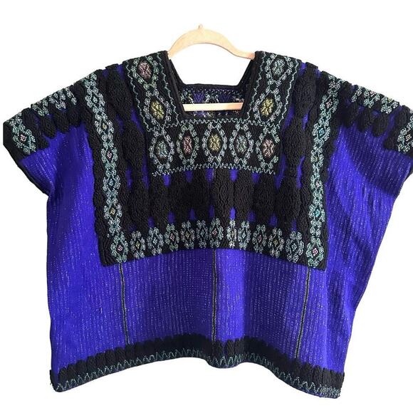 Gorgeous Embroidered Huipil Knit Top Sweater Texture Blue Pink - Picture 1 of 3